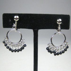 Earrings CLIP ON Silvetone Vintage 70s 80s Estate 1 in Black Metal Hoop Bohemian